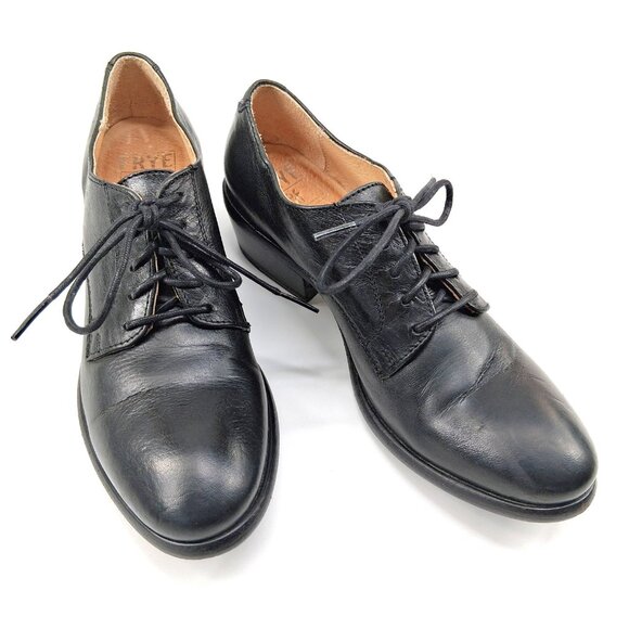 Frye Carson Oxford Black Leather Lace Up Low Stacked Heel Almond Toe SZ 7 - Picture 2 of 12
